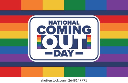 National Coming Out Day. Pride month. LGBT rainbow flag. Happy holiday. Diversity and equality. Gay and lesbian. Free love, heart shape. Illustration. Vector poster