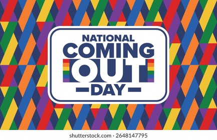National Coming Out Day. Pride month. LGBT rainbow flag. Happy holiday. Diversity and equality. Gay and lesbian. Free love, heart shape. Illustration. Vector poster
