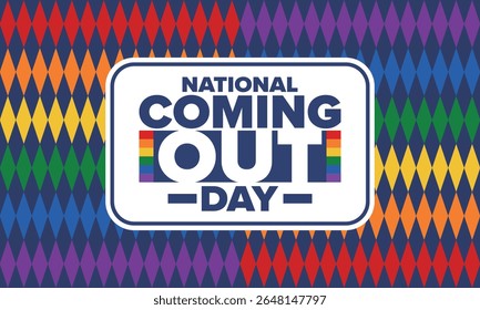 National Coming Out Day. Pride month. LGBT rainbow flag. Happy holiday. Diversity and equality. Gay and lesbian. Free love, heart shape. Illustration. Vector poster