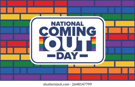 National Coming Out Day. Pride month. LGBT rainbow flag. Happy holiday. Diversity and equality. Gay and lesbian. Free love, heart shape. Illustration. Vector poster