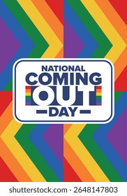 Dia da Saída Nacional. Mês do orgulho. Bandeira LGBT arco-íris. Feliz feriado. Diversidade e igualdade. Gay e lésbica. Amor livre, forma do coração. Ilustração. Cartaz vetorial