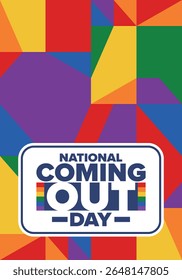 National Coming Out Day. Pride month. LGBT rainbow flag. Happy holiday. Diversity and equality. Gay and lesbian. Free love, heart shape. Illustration. Vector poster