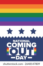 National Coming Out Day. Pride month. LGBT rainbow flag. Happy holiday. Diversity and equality. Gay and lesbian. Free love, heart shape. Illustration. Vector poster