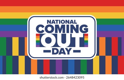 National Coming Out Day. Pride month. LGBT rainbow flag. Happy holiday. Diversity and equality. Gay and lesbian. Free love, heart shape. Illustration. Vector poster