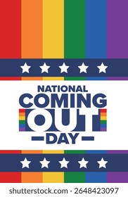 National Coming Out Day. Pride month. LGBT rainbow flag. Happy holiday. Diversity and equality. Gay and lesbian. Free love, heart shape. Illustration. Vector poster
