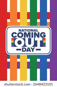 National Coming Out Day. Pride month. LGBT rainbow flag. Happy holiday. Diversity and equality. Gay and lesbian. Free love, heart shape. Illustration. Vector poster