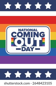 National Coming Out Day. Pride month. LGBT rainbow flag. Happy holiday. Diversity and equality. Gay and lesbian. Free love, heart shape. Illustration. Vector poster