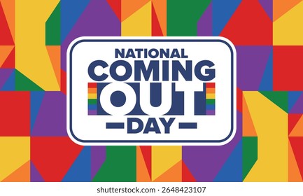 National Coming Out Day. Pride month. LGBT rainbow flag. Happy holiday. Diversity and equality. Gay and lesbian. Free love, heart shape. Illustration. Vector poster