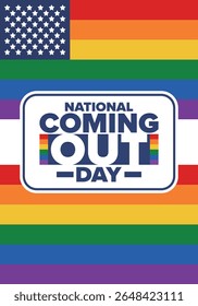 National Coming Out Day. Pride month. LGBT rainbow flag. Happy holiday. Diversity and equality. Gay and lesbian. Free love, heart shape. Illustration. Vector poster