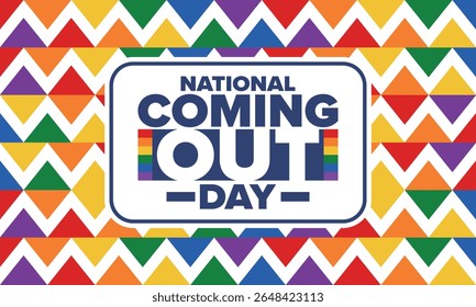 National Coming Out Day. Pride month. LGBT rainbow flag. Happy holiday. Diversity and equality. Gay and lesbian. Free love, heart shape. Illustration. Vector poster
