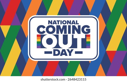 National Coming Out Day. Pride month. LGBT rainbow flag. Happy holiday. Diversity and equality. Gay and lesbian. Free love, heart shape. Illustration. Vector poster
