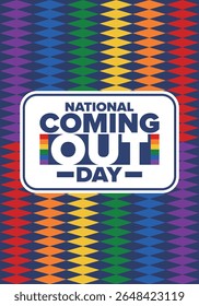 National Coming Out Day. Pride month. LGBT rainbow flag. Happy holiday. Diversity and equality. Gay and lesbian. Free love, heart shape. Illustration. Vector poster