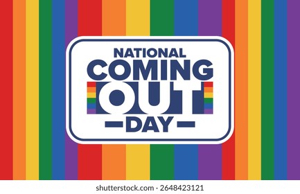 National Coming Out Day. Pride month. LGBT rainbow flag. Happy holiday. Diversity and equality. Gay and lesbian. Free love, heart shape. Illustration. Vector poster