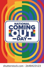 Dia da Saída Nacional. Mês do orgulho. Bandeira LGBT arco-íris. Feliz feriado. Diversidade e igualdade. Gay e lésbica. Amor livre, forma do coração. Ilustração. Cartaz vetorial