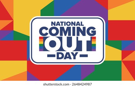National Coming Out Day. Pride month. LGBT rainbow flag. Happy holiday. Diversity and equality. Gay and lesbian. Free love, heart shape. Illustration. Vector poster