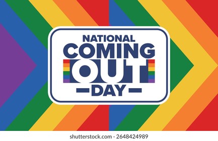 National Coming Out Day. Pride month. LGBT rainbow flag. Happy holiday. Diversity and equality. Gay and lesbian. Free love, heart shape. Illustration. Vector poster