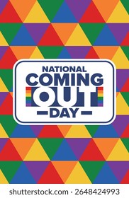 National Coming Out Day. Pride month. LGBT rainbow flag. Happy holiday. Diversity and equality. Gay and lesbian. Free love, heart shape. Illustration. Vector poster