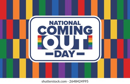 National Coming Out Day. Pride month. LGBT rainbow flag. Happy holiday. Diversity and equality. Gay and lesbian. Free love, heart shape. Illustration. Vector poster