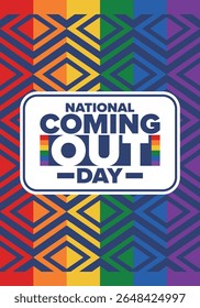 National Coming Out Day. Pride month. LGBT rainbow flag. Happy holiday. Diversity and equality. Gay and lesbian. Free love, heart shape. Illustration. Vector poster