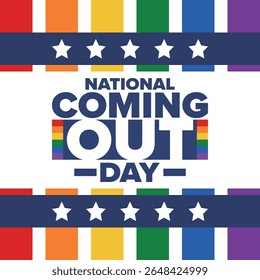 National Coming Out Day. Pride month. LGBT rainbow flag. Happy holiday. Diversity and equality. Gay and lesbian. Free love, heart shape. Illustration. Vector poster