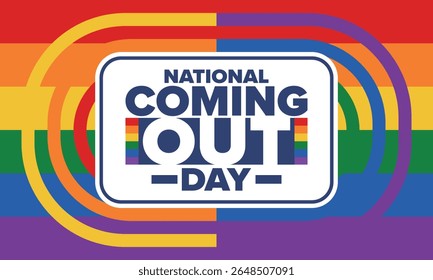National Coming Out Day. Pride month. LGBT rainbow flag. Happy holiday. Diversity and equality. Gay and lesbian. Free love, heart shape. Illustration. Vector poster