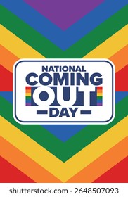 Dia da Saída Nacional. Mês do orgulho. Bandeira LGBT arco-íris. Feliz feriado. Diversidade e igualdade. Gay e lésbica. Amor livre, forma do coração. Ilustração. Cartaz vetorial
