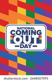 National Coming Out Day. Pride month. LGBT rainbow flag. Happy holiday. Diversity and equality. Gay and lesbian. Free love, heart shape. Illustration. Vector poster