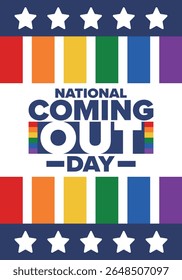 National Coming Out Day. Pride month. LGBT rainbow flag. Happy holiday. Diversity and equality. Gay and lesbian. Free love, heart shape. Illustration. Vector poster