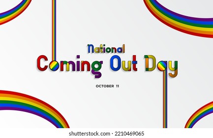 National Coming Out Day Typography Bahaus concept banner with rainbow pride flag ribbons, celebrated on October 11.   LGBTQ pride inspired typographic design. Vector Illustration. 