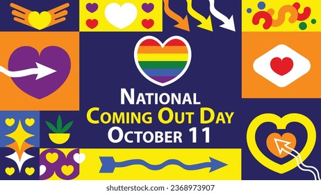 National Coming Out Day Vektorbanner-Design mit geometrischen Formen und lebhaften Farben auf horizontalem Hintergrund. Happy National Coming Day moderne minimale Poster.