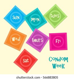 National condom week concept with one for every day. Stock vector illustration for 14 february on sexual contraception.