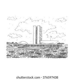 National Congress Palace in Brasilia, Federal District, Brazil. Freehand drawn sketch. Vector illustration