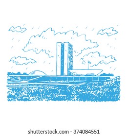 The National Congress Palace in Brasi­lia, Federal District, Brazil. Freehand drawn sketch. Vector illustration