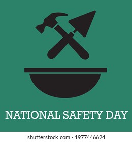 National construction site safety day. Tools in silhouette isolated on green background.