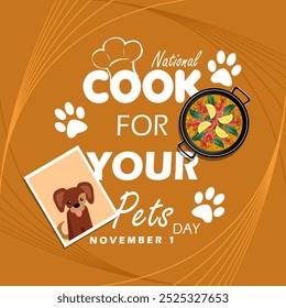 National Cook For Your Pets Day celebrates on November 1st. A pot containing food for pet dogs with a photo of a cute dog on a brown background.