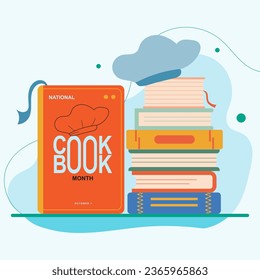 National Cookbook Month on october 1, with vector illustration several books are arranged and on top of them there is a chef hat and also a book with text on the cover isolated on abstract background.