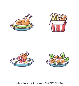 National cookery RGB color icons set. Fast food. Peking duck. British fish and chips. German roasted pork knuckle. Falafel dish. Recipe and ingredient for meal. Isolated vector illustrations