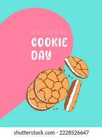 National Cookie Day, blue background and pink heart shape.