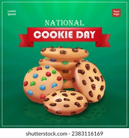 Día Nacional de la Cookie. Galletas redondas dulces con una cubierta de chocolate densa y colorida. 3d vector, adecuado para eventos, alimentación, regalos y negocios