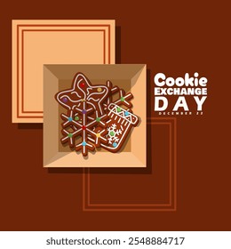 National Cookie Exchange Day to celebrate on December 22nd. A box containing Christmas gingerbread cookies on a dark brown background. Food event banner.