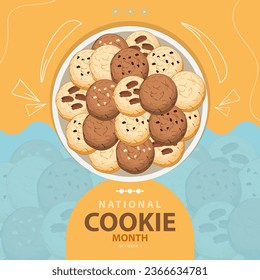 Mes nacional de la cookie el 1 de octubre, con varios tipos de deliciosas galletas en un plato y texto aislados en un fondo abstracto para conmemorar y celebrar el mes de las galletas nacionales.