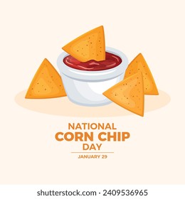 National Corn Chip Day poster vector illustration. Nachos corn chips with red salsa sauce icon vector. Salty snacks tortilla chips drawing. January 29 every year. Important day