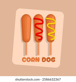 National Corn Dog Day to celebrate on March 15th. Three corn dogs topped with mustard, tomato sauce and original sauce. Food event banner.