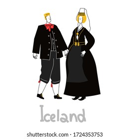 National costume of Iceland in flat cartoon style. Folk  dress traditional clothes isolated vector illustration.