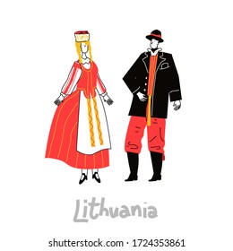 National costume of Lithuania in flat cartoon style. Folk  dress traditional clothes isolated vector illustration.