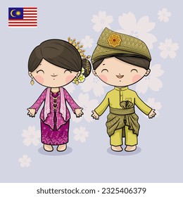 National costume of Malaysia. boy and girl in cartoon style