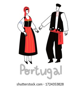 Disfraz nacional de Portugal al estilo de las caricaturas planas. Vestido popular ropa tradicional aisló ilustración vectorial.