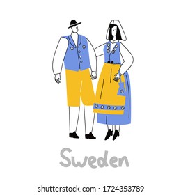 National costume of Sweden in flat cartoon style. Folk  dress traditional clothes isolated vector illustration.