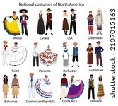 National costumes of the people of North America. A woman and a man in folk national costumes of USA, Mexico, Canada, Greenland, Cuba, Panama, Barbados, Guatemala, Bahams, Dominican, Costa Rica