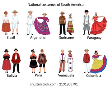 National costumes of South America. Women's and men's folk costumes of Brazil, Argentina, Peru, Venezuela, Paraguay, Uruguay, Suriname, Bolivia, Colombia. Vector illustration